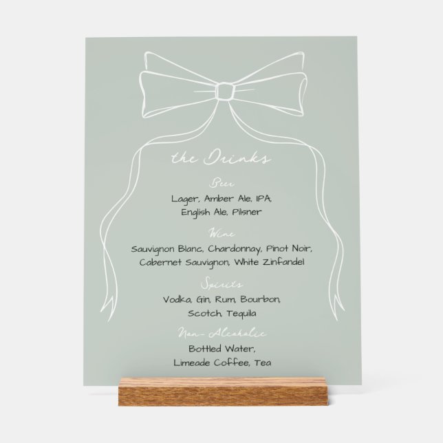 Panneau En Acrylique Menu Bow Sage Green Mariage Bar Drink (Recto)