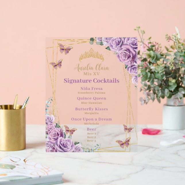 Panneau En Acrylique Menu Cocktail Lilac Floral Quinceanera Bar (Mariage)