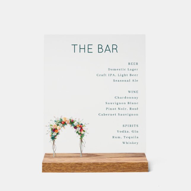 Panneau En Acrylique Menu de bar floral sarcelle élégant (Recto)