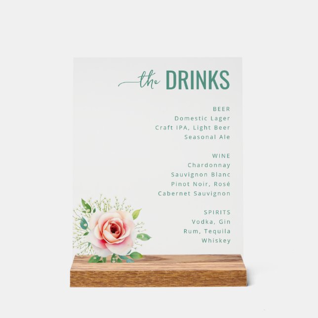 Panneau En Acrylique Menu de boissons floral sarcelle élégant (Recto)