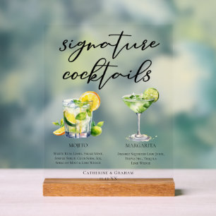 Panneau En Acrylique Menu des Cocktails Signature Mariage Mojito Margar