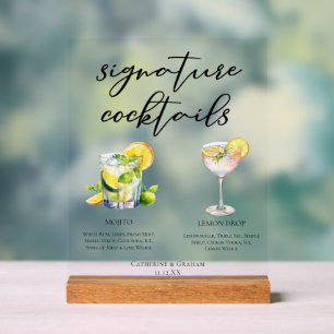 Panneau En Acrylique Menu des Cocktails Signature Mojito Lemon Drop Lav