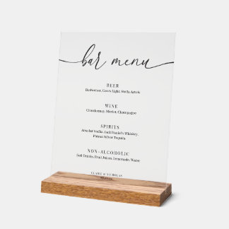 Panneau En Acrylique Menu du bar de mariage élégant et moderne