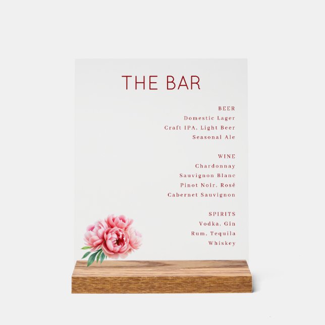 Panneau En Acrylique Menu élégant de bar aux fleurs rouges (Recto)