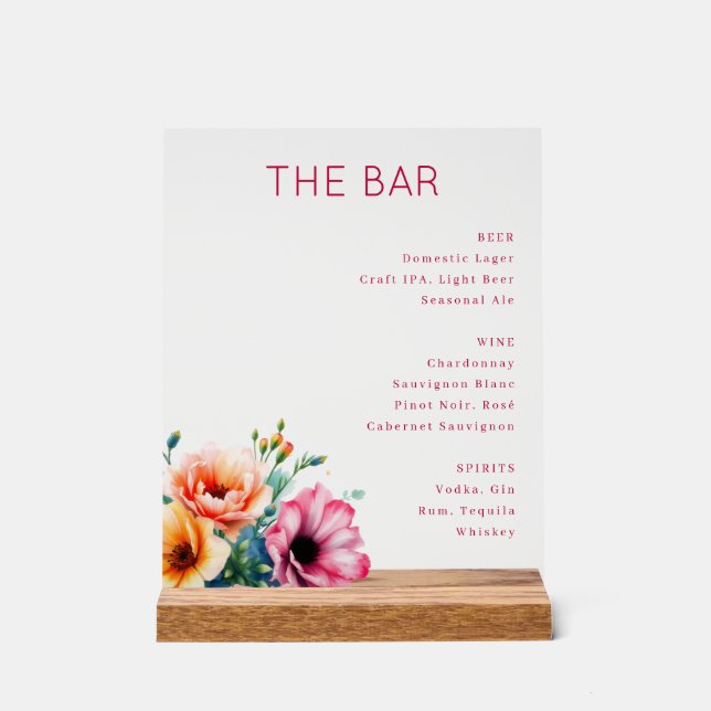 Panneau En Acrylique Menu élégant de bar floral rose (Recto)