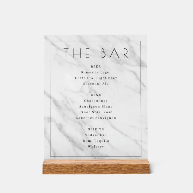 Panneau En Acrylique Menu élégant du bar en marbre blanc (Recto)