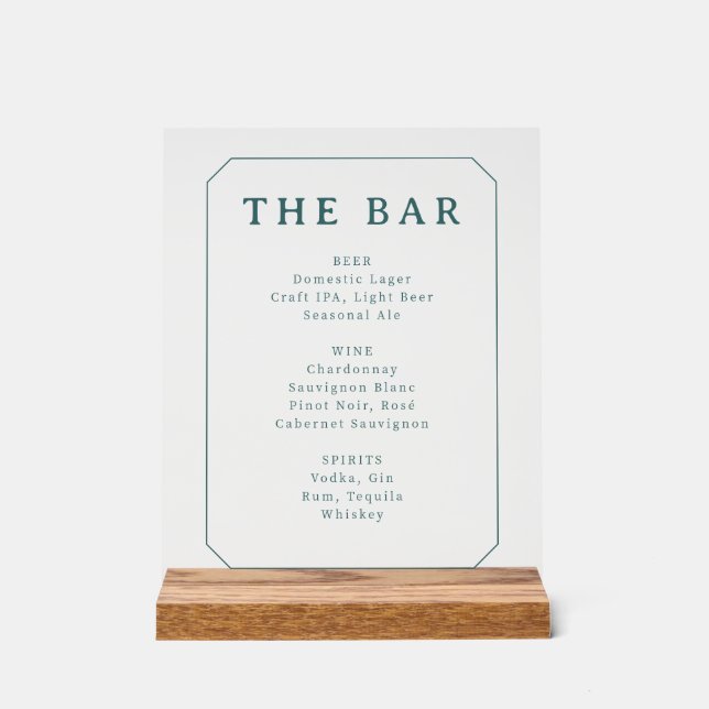 Panneau En Acrylique Menu élégant en sérif sarcelle pour le bar (Recto)