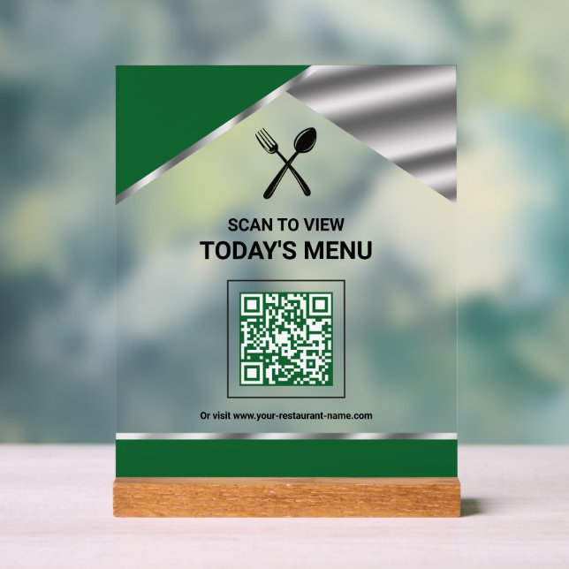 Panneau En Acrylique Menu QR Code Vert sans Contact pour Restaurant (Neutre)