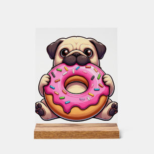 Panneau En Acrylique Mignon pug avec beignet chien de dessin animé drôl