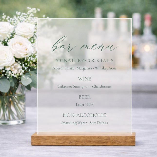 Panneau En Acrylique Minimal Sage Green Wedding Bar Menu  (Créateur téléchargé)
