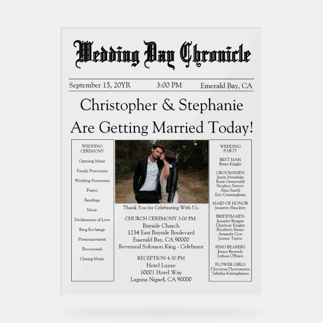 Panneau En Acrylique Minimalist 1 Photo Elegant Script Wedding Program (Recto)