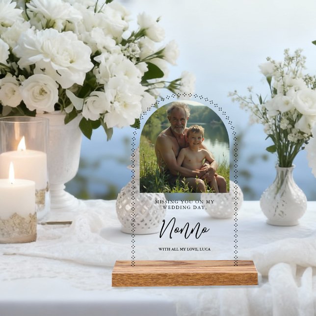 Panneau En Acrylique Minimalist Elegant Wedding Photo Tribute Memorial  (Minimalist Elegant Wedding Memorial Photo Signs with Arch Effect for Tribute Table.)