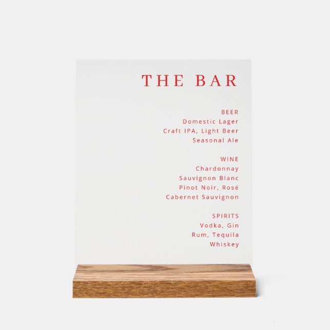Panneau En Acrylique Minimalist Red Typographic Bar Menu (Recto)