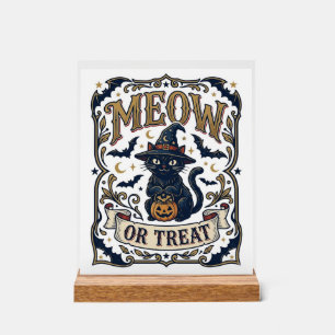 Panneau En Acrylique Minou ou traiter Chat Halloween Chat effrayant Vin