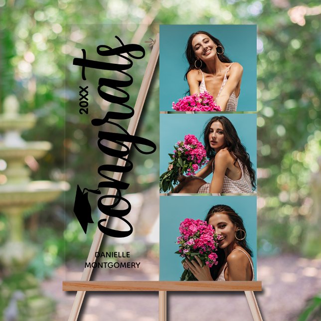 Panneau En Acrylique Modern 3 Photo Graduation Party (Modern 3 photo graduation party acrylic sign with your details on chic black lettering)
