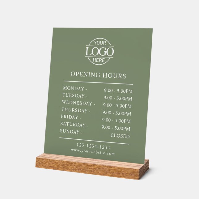 Panneau En Acrylique Modern Minimal Sage Green Business Opening Hours (Angle)