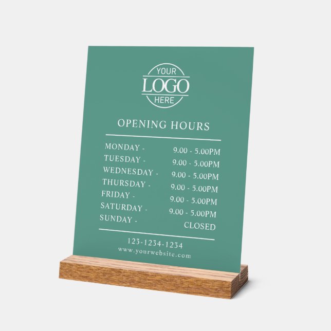 Panneau En Acrylique Modern Minimal Teal Green Business Opening Hours (Angle)