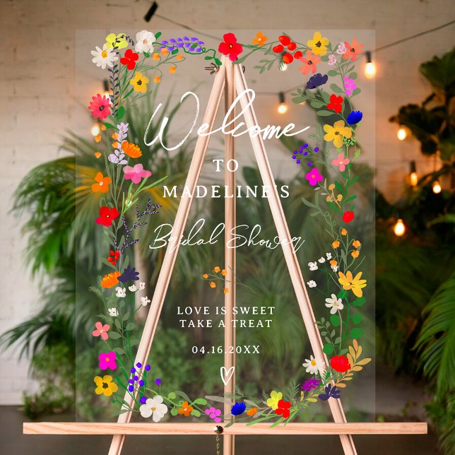 Panneau En Acrylique Moderne boho fleurs sauvages mariage accueil (Modern boho bright wild flowers bridal welcome acrylic sign)