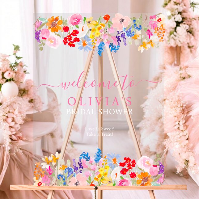 Panneau En Acrylique Moderne fleurs sauvages de jardin écriture bienven (Modern garden wildflowers script bridal welcome acrylic sign)