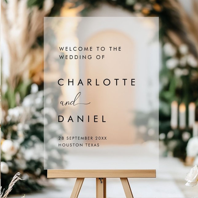 Panneau En Acrylique Moderne, Mariage minimal (Modern, minimal, white, transparent, Wedding Acrylic Sign with your names and date.)