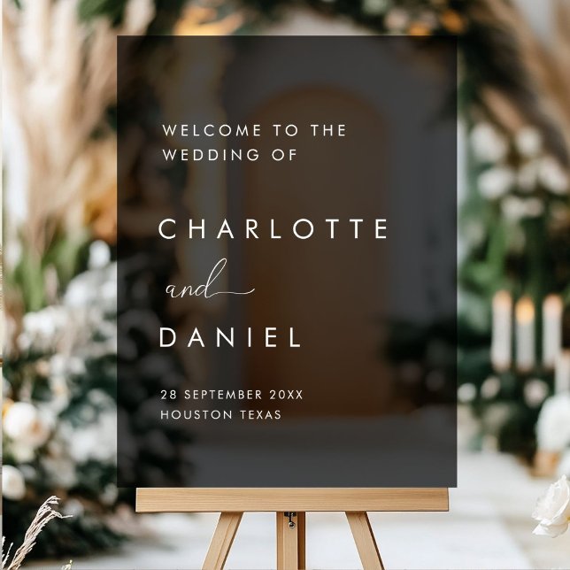 Panneau En Acrylique Moderne, Mariage minimal (Modern, minimal, black, transparent, Wedding Acrylic Sign with your names and date.)