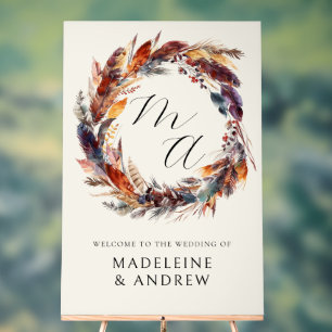 Panneau En Acrylique Monogram Boho Feathers Wreath Mariage Bienvenue