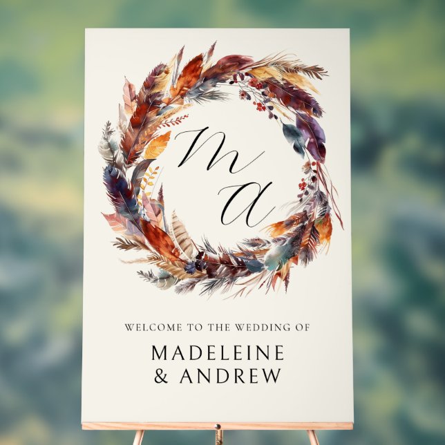 Panneau En Acrylique Monogram Boho Feathers Wreath Mariage Bienvenue (Neutre)