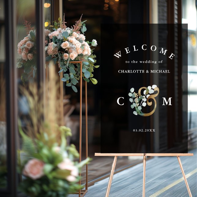 Panneau En Acrylique Monogram Eucalyptus verdure or mariage accueil (Monogram Eucalyptus greenery gold wedding welcome Acrylic Sign)