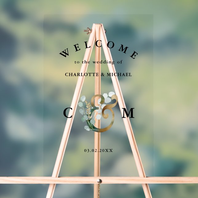 Panneau En Acrylique Monogram Eucalyptus verdure or mariage accueil (Neutre)