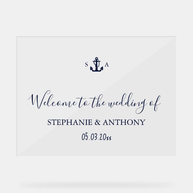 Panneau En Acrylique Monogram Nautical Navy Blue Anchor Wedding     (Recto)