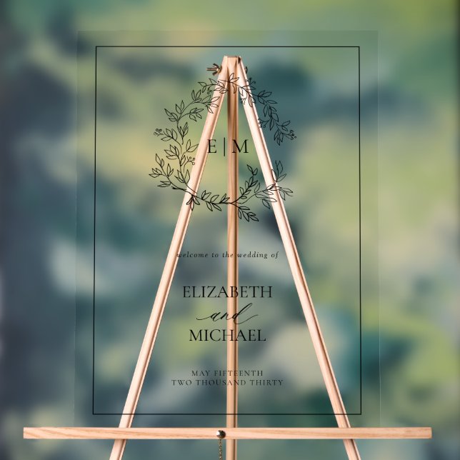 Panneau En Acrylique Monogramme blanc noir en poitrine Mariage de bienv (Neutre)