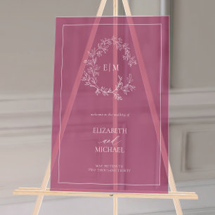 Panneau En Acrylique Monogramme de cime feuilletée de Bourgogne Mariage