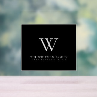 Panneau En Acrylique Monogramme de famille moderne Elégant gris noir