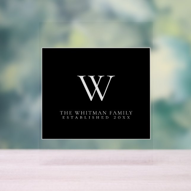 Panneau En Acrylique Monogramme de famille moderne Elégant gris noir (Neutre)