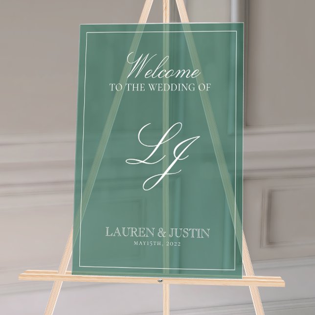 Panneau En Acrylique Monogramme moderne Emerald Script Bienvenue (Wedding Welcome Sign!)