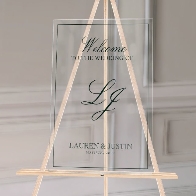 Panneau En Acrylique Monogramme moderne Emerald Script Bienvenue (Wedding Welcome Sign!)