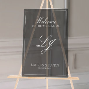 Panneau En Acrylique Monogramme moderne Noir & Blanc Script Bienvenue