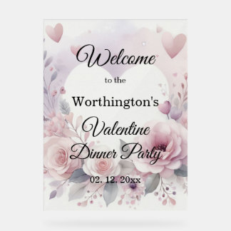 Panneau En Acrylique Monogramme nom cœurs floraux aquarelle romantique