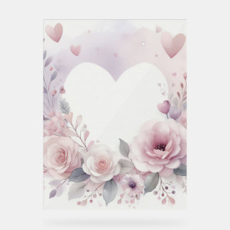 Panneau En Acrylique Monogramme nom cœurs floraux aquarelle romantique