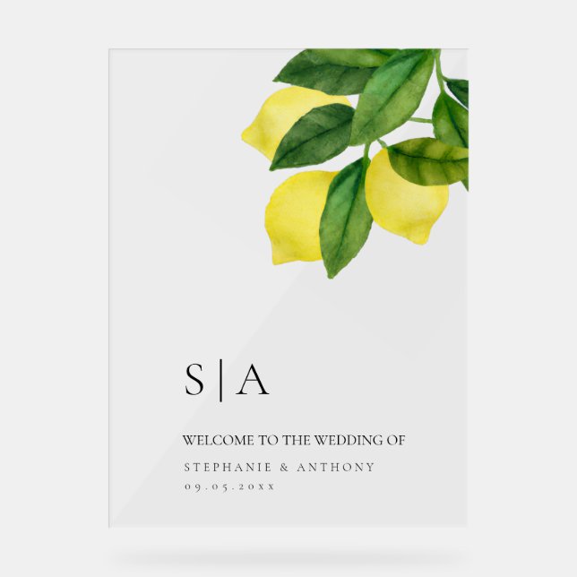 Panneau En Acrylique Monogrammes Citron Branche de Citrus Vert Mariage  (Recto)