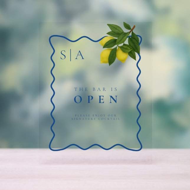 Panneau En Acrylique Monogrammes Citron Citron, Vague Bleue Bordure Mar (Neutre)