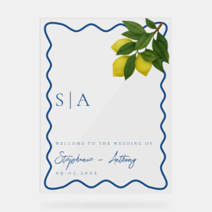 Panneau En Acrylique Monogrammes Citron Citrus, Bordure Blue Wave Maria