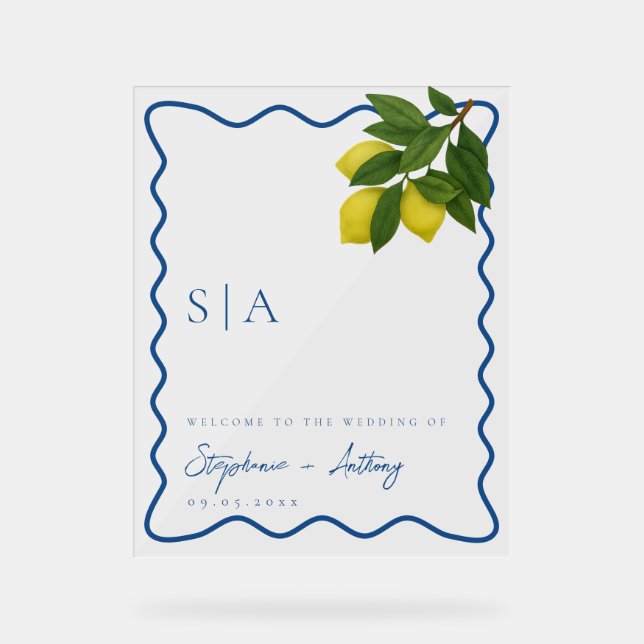 Panneau En Acrylique Monogrammes Citron Citrus, Bordure Blue Wave Maria (Recto)