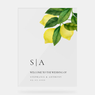 Panneau En Acrylique Monograms Lemon Citrus Branch Greenery Wedding 
