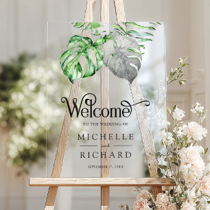 Panneau En Acrylique Monstera Tropical Palm Argentée Mariage Bienvenue
