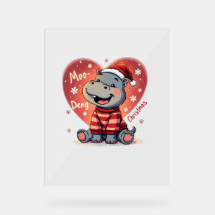 Panneau En Acrylique Moo-Deng Noël Hippo mignon Caricature de Noël Neig