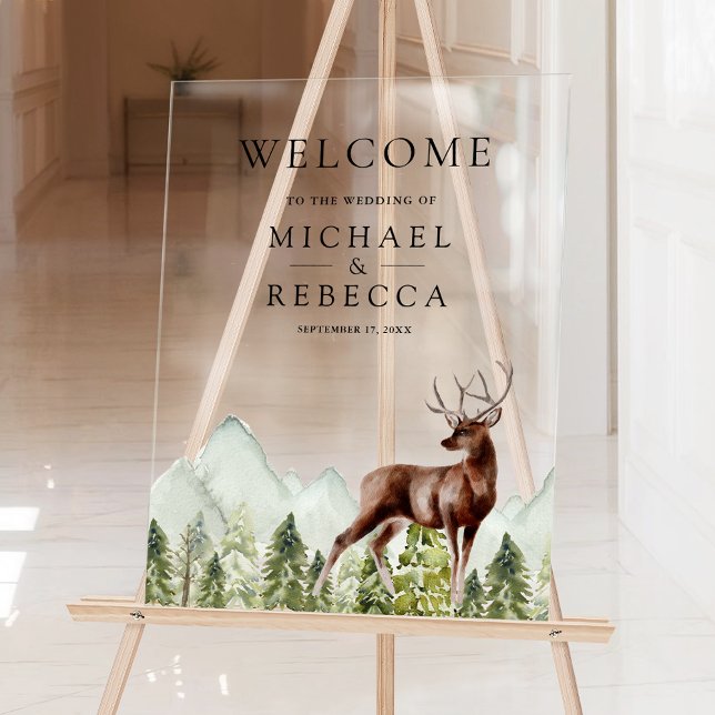 Panneau En Acrylique Mountain Forest Deer Wedding Welcome (Créateur téléchargé)