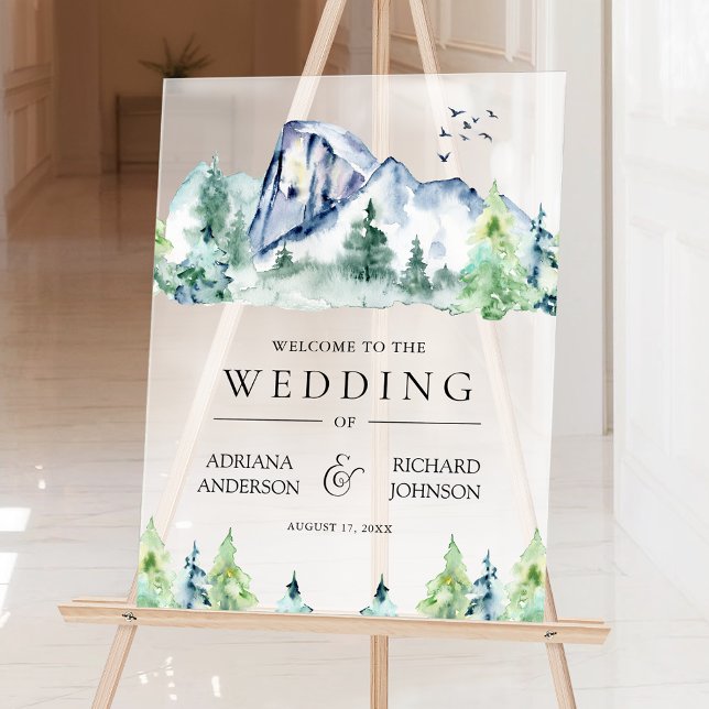 Panneau En Acrylique Mountain Pine Trees Forest Wedding Welcome (Créateur téléchargé)