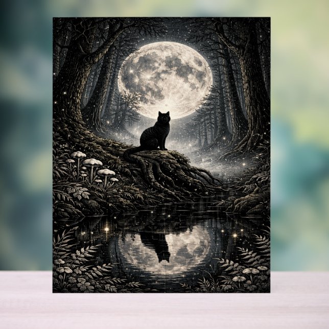 Panneau En Acrylique Mystical Black Cat Under Full Moon Forest  (Neutre)