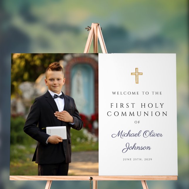 Panneau En Acrylique Navy Blue Boy Photo First Communion Welcome (Neutre)